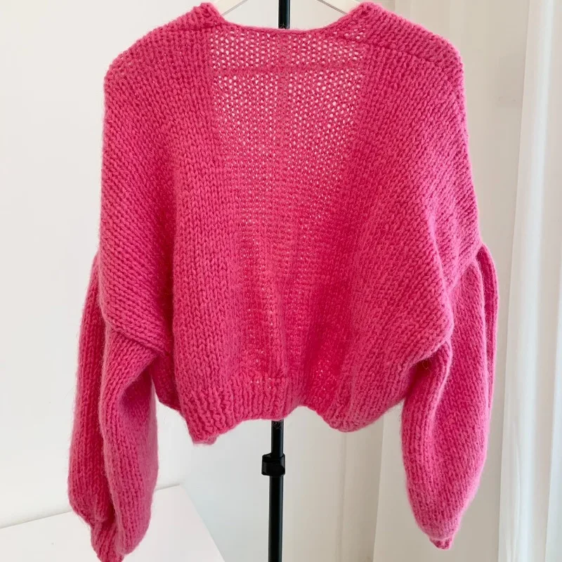 Camisola de malha manga comprida feminina, chapéu cardigan vermelho rosa, chapéu handwork, tamanho único de alta qualidade