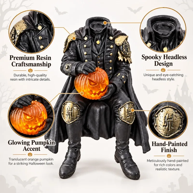 Halloween Headless Knight Statue Resin Pumpkin Ornament Gothic Horror Home Decor Collectible Figurine