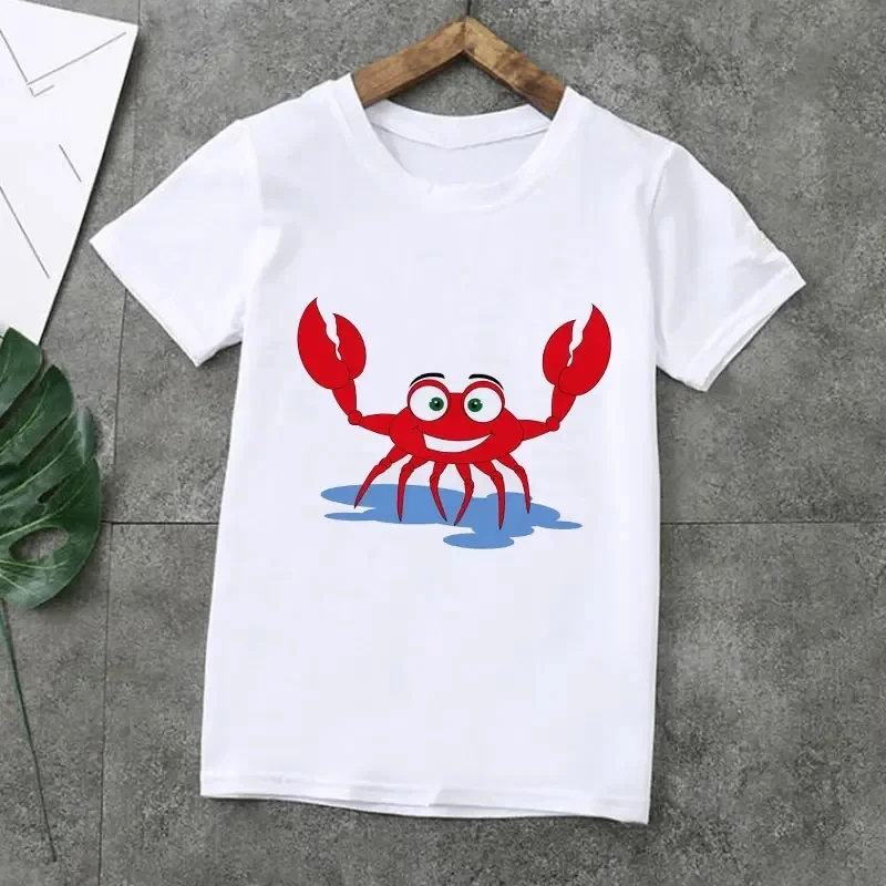Fashion T-shirt Funny Crab Girl Cute Octopus T-shirt Boys Design Print Round-neck White Simple T-shirt Kids Summer Kids Top