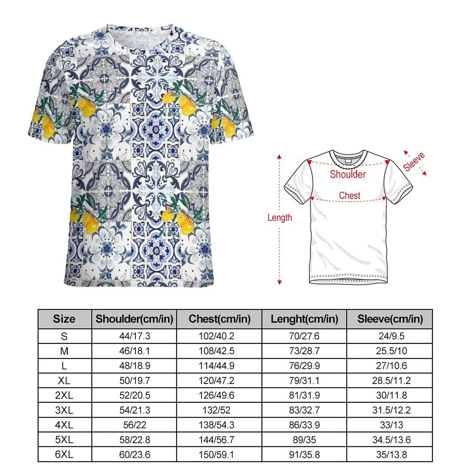 Majolica Lemon T-Shirt For Man Blue Flowers O Neck T Shirts Summer Novelty Clothes Short Sleeve Street Style Plus Size Tee Shirt