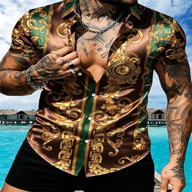 Men Elegant Glossy Satin Short Sleeve Shirt Retro Baroque Gold Print Fashion Button‑Up Nightclub Party Male Tops