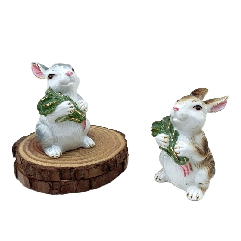 Hand Painted Porcelain Farmer Bunny Miniature Ceramic Ranch Rabbit Figurine Room Embelishment Ornament Decor Craft Accessories