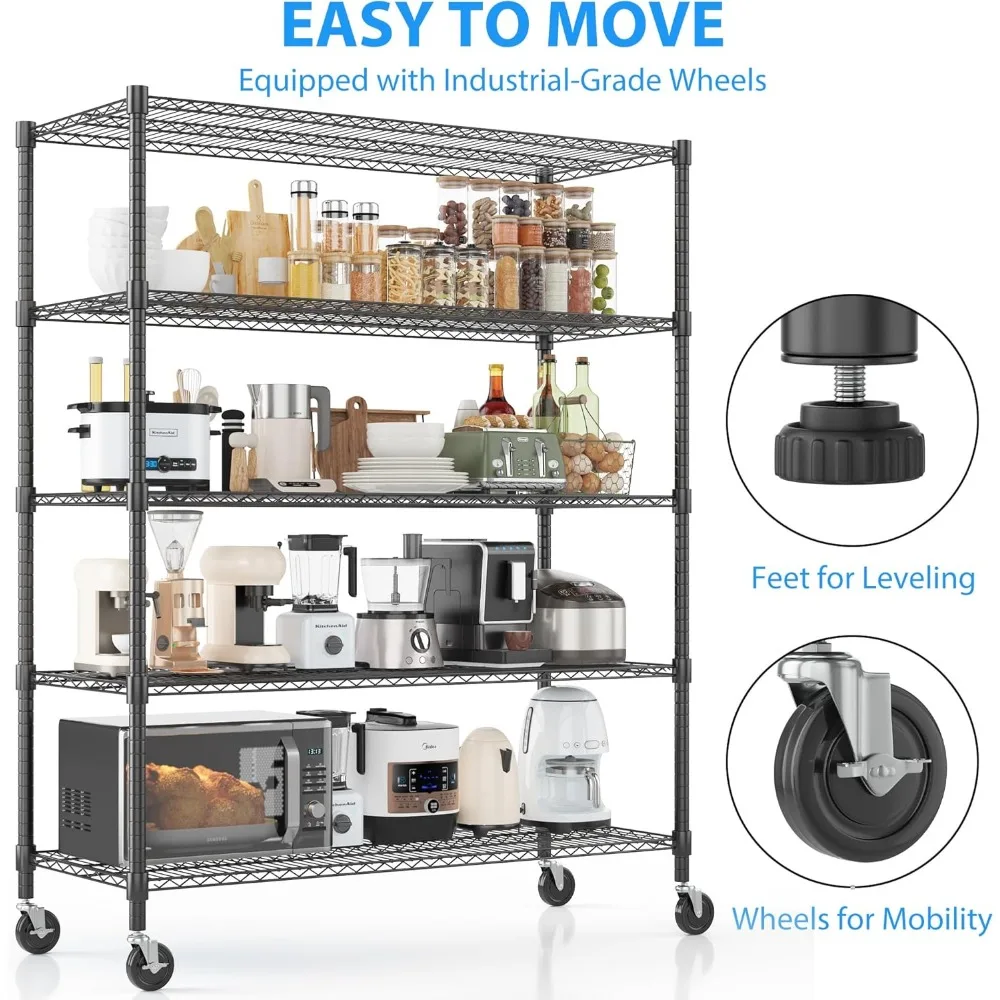 Heavy Duty 5 Tier Adjustable Metal Shelving Unit with Wheels for Commercial Storage, Garage Organization Solutions