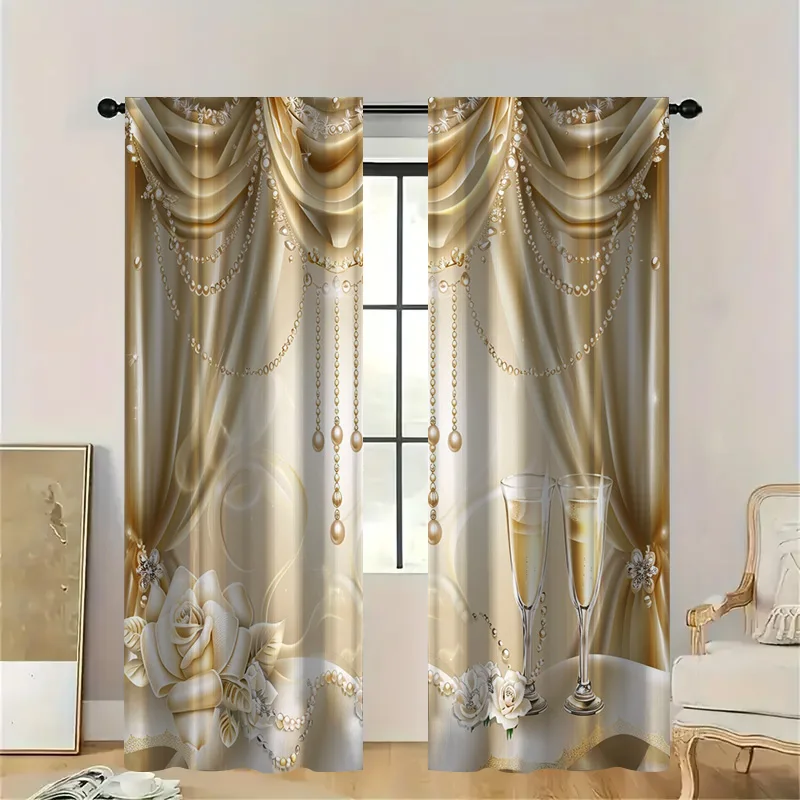 2pcs Gala Celebration Curtains with Rod Pocket,Champagne Gold Chains & Crystal Drops Sheer Light Filtering, Formal Event Drapery