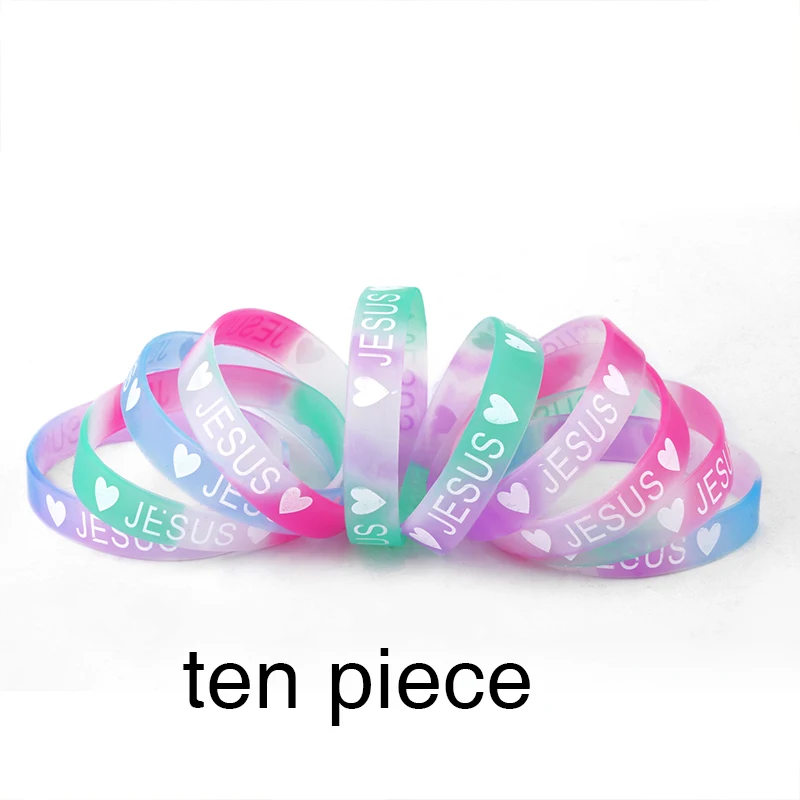FLOLA 10PCS Multicolor Custom Jesus Silicone Bracelets Bangles Candy Color Heart Sport Rubber Wristband Bracelet Gifts brtc37