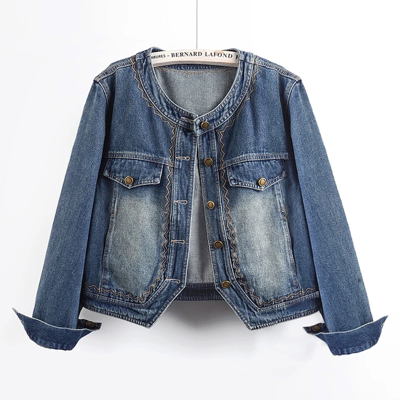 

Vintage Embroidery Blue Denim Jacket Autumn New Women Slim Short Cowboy Outerwear Lapel Long Sleeve Jeans Jacket Coat Streetwear