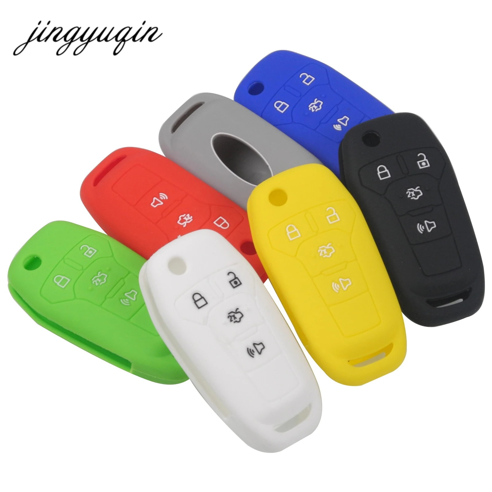 jingyuqin Silicone Rubber Flip Car Key Cover Case for Ford Mustang Fusion Fiesta 4 button Remote Folding Key Fob Wallet Holder