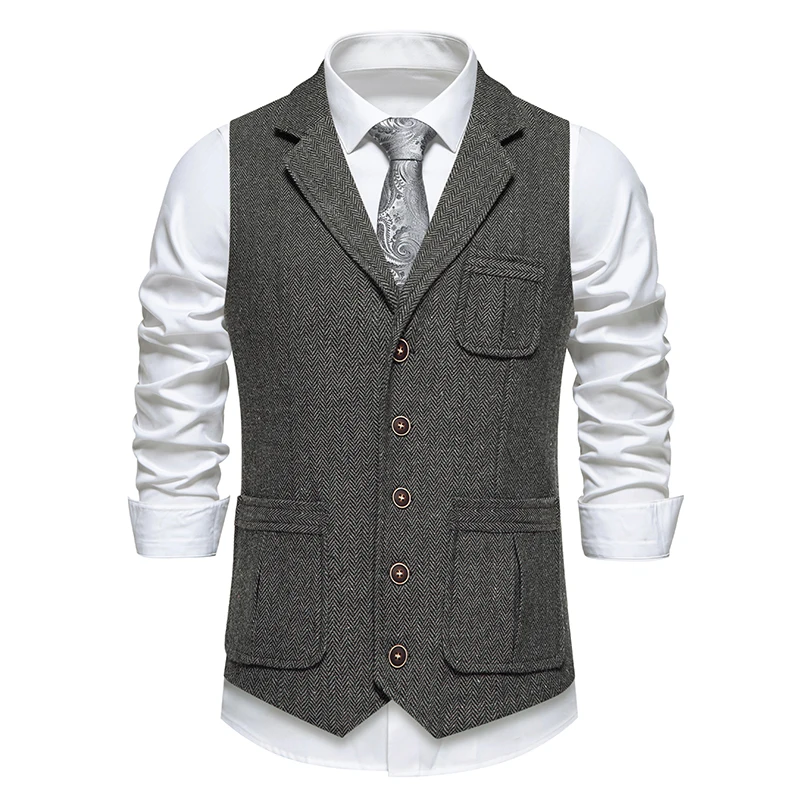 2024 Spring and Autumn New Men\'s Suit Vest Herringbone Pattern Fabric Splicing Satin Interior with Vest Party Dress