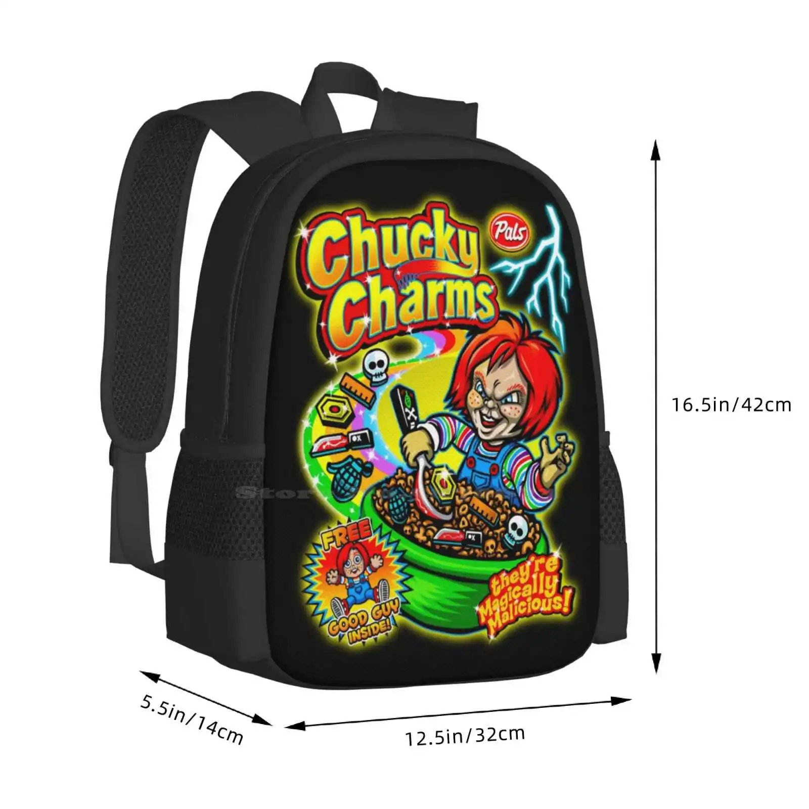 Chucky Charms Horror Cereal Parody Hot Sale Schoolbag Backpack Fashion Bags Childs Play Halloween Lucky Charms Cereal Box