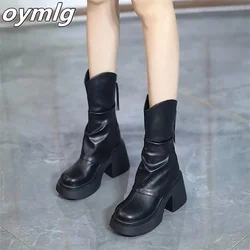 Waterproof Platform Thick Sole Elevated Mid length Boots 2023 Autumn Round Head Small V-cut Coarse Heels Fashion Boots