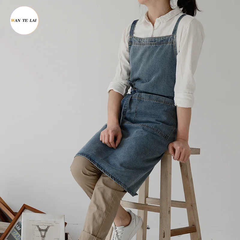 

All cotton canvas thickened denim apron anti fouling household kitchen work uniform bib and waist antifouling nice unisex apron