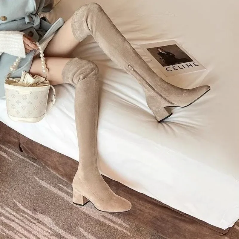 2023 Winter Elastic Long Faux Suede Boots Women Over-the-knee Boots Casual Black Platform Shoes for Women Autumn Ladies Bottes