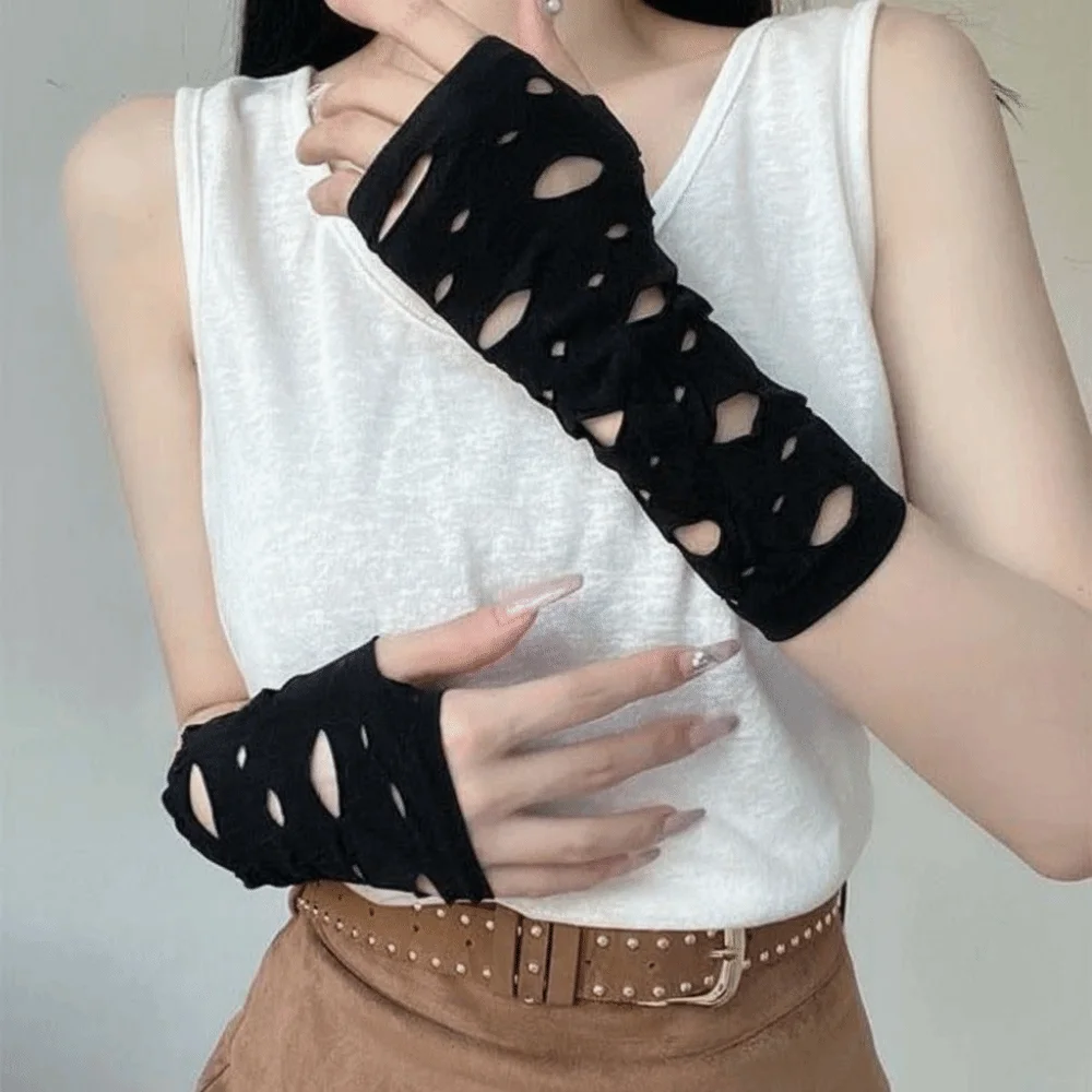 Wrist Cuffs Ripped Arm Warmers Black Hollow Fingerless Gloves Soft Knitted Hand Sleeves Cycling