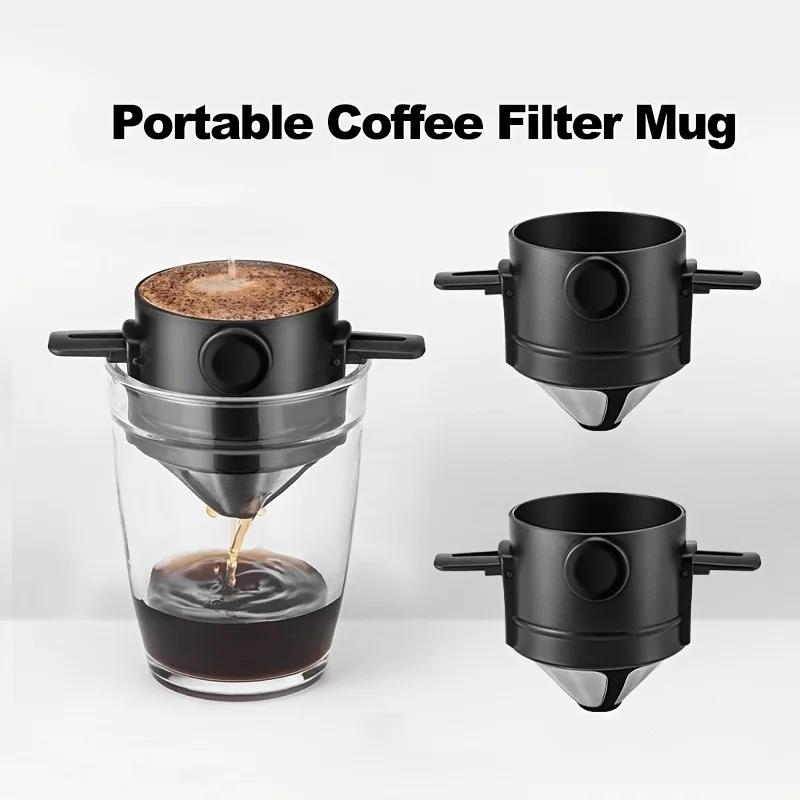 1pc Portable coffee filter cup with 304 stainless steel coffee filter mesh and foldable hand flushing double-layer coffee filter