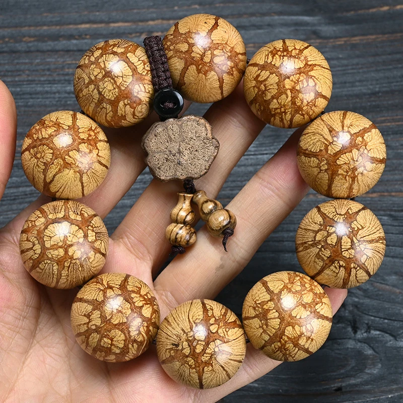 Authentic Dragon's Beard Vine Inlaid , Buddhist Bead Bracelet, Watermelon Plum Blossom Wood, Six-Grain