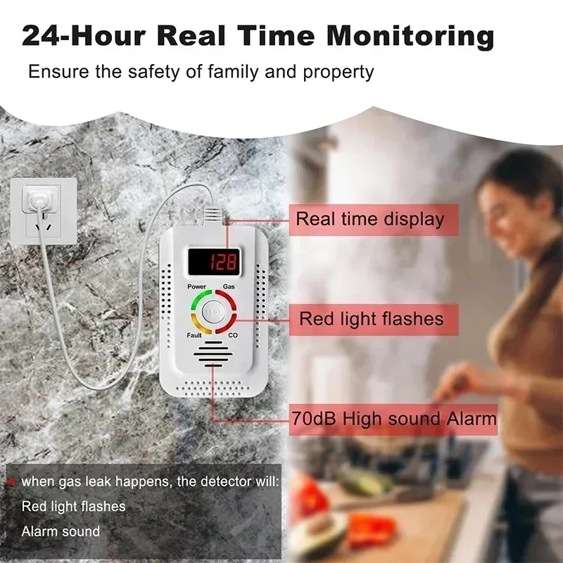 Gas Detection System Environmental Sensors LCD Display Temperature Humidity Sensor Gas Alarm Sound Warning EU Plug