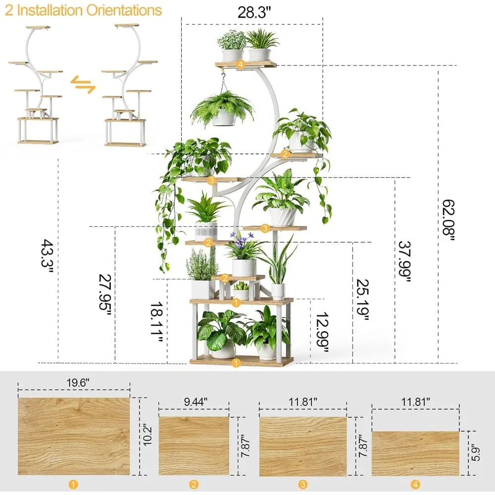 8段屋内植物棚、高さ62インチの屋内植物用スタンド、複数の金属製フラワーホルダースタンド、植物棚