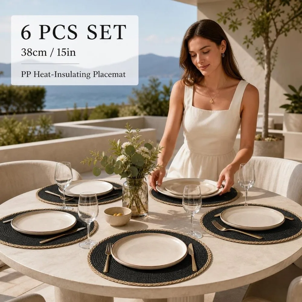 6pcs/set Bohemia Round Woven Placemats 15in Heat Resistant Boho Braided Table Mats Washable Non Slip Woven Dish Mats Christmas