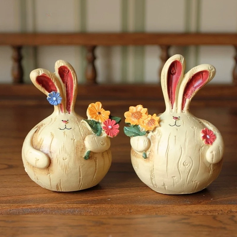 Country Fat Rabbit Ornament, Imitation Wood Grain Pair Statue, Cute Creative Desktop Craft Decor for Home Decoration