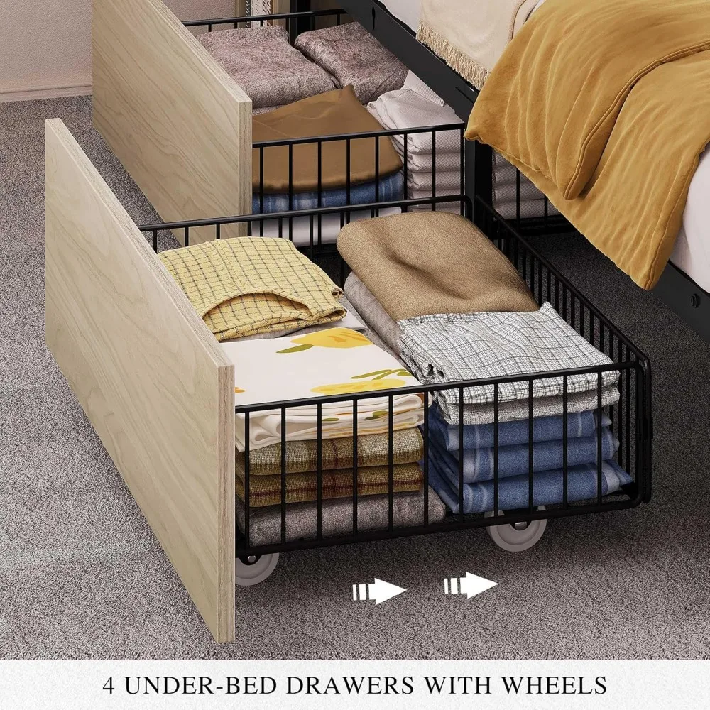 King Bed Frame with Bookcase Headboard and 4 Storage Drawers, RGB LED Bed Frame with Type-C & USB Charging Station Storage