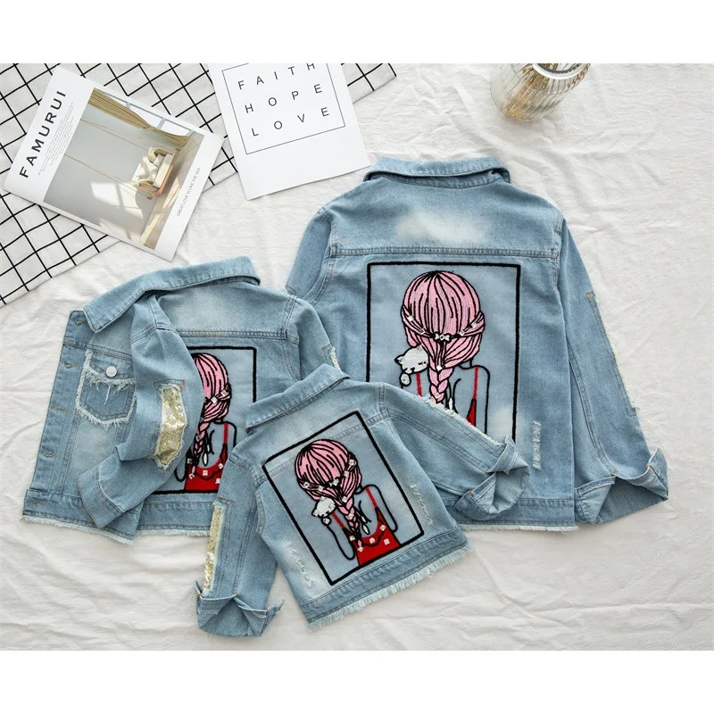 2-12Y Girls Sequins Ripped Denim Jacket Coat for Children's Clothing Baby Teens Princess Kids Retro Blue Pattern Tops Outwear