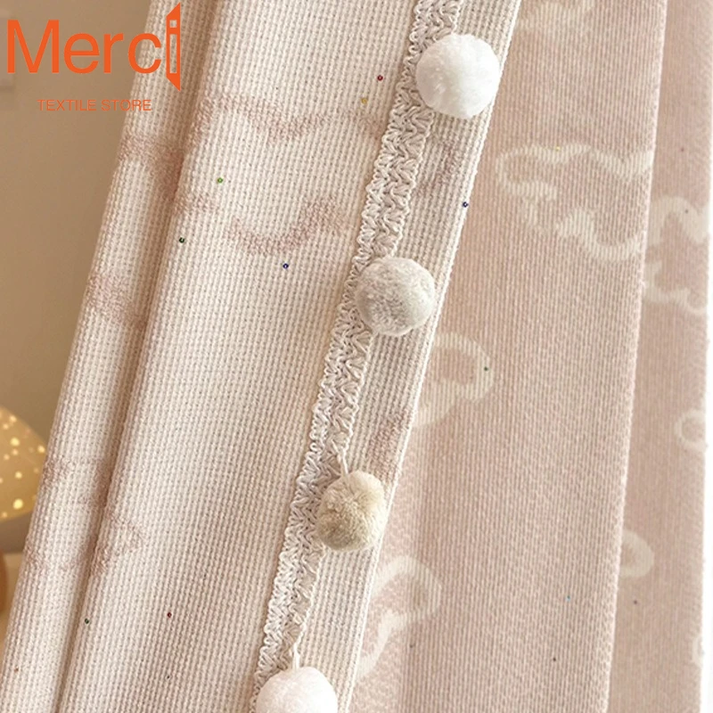 French-style Cream-colored Children's Room Curtains for Cloud Patterns Cartoon Girl Design Pink Princess Style Sequins Drapes