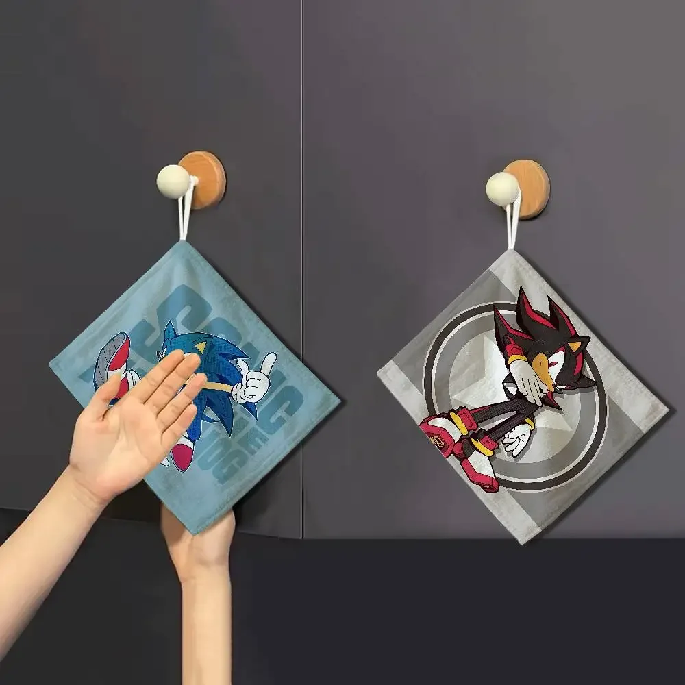 Cartoon S-Sonics Hanging Kitchen Towel, Polyester Cotton Fabric, Absorbent Hand Wiping Towel For Home Dormitory