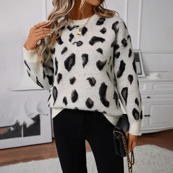 Women's Sweaters in Autumn and Winter New Loose Round Neck Brushed Leopard Jacquard Pullover Women