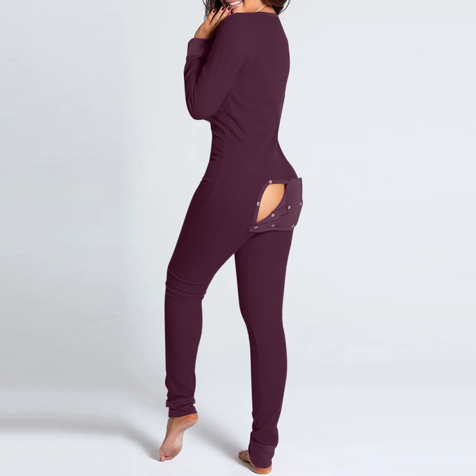 

Sexy Onesie Pajama Women's Long Sleeve Rompers Bodysuit Pron Butt Flap Onesie Bodycon Overall Ladies One Piece Nightgown