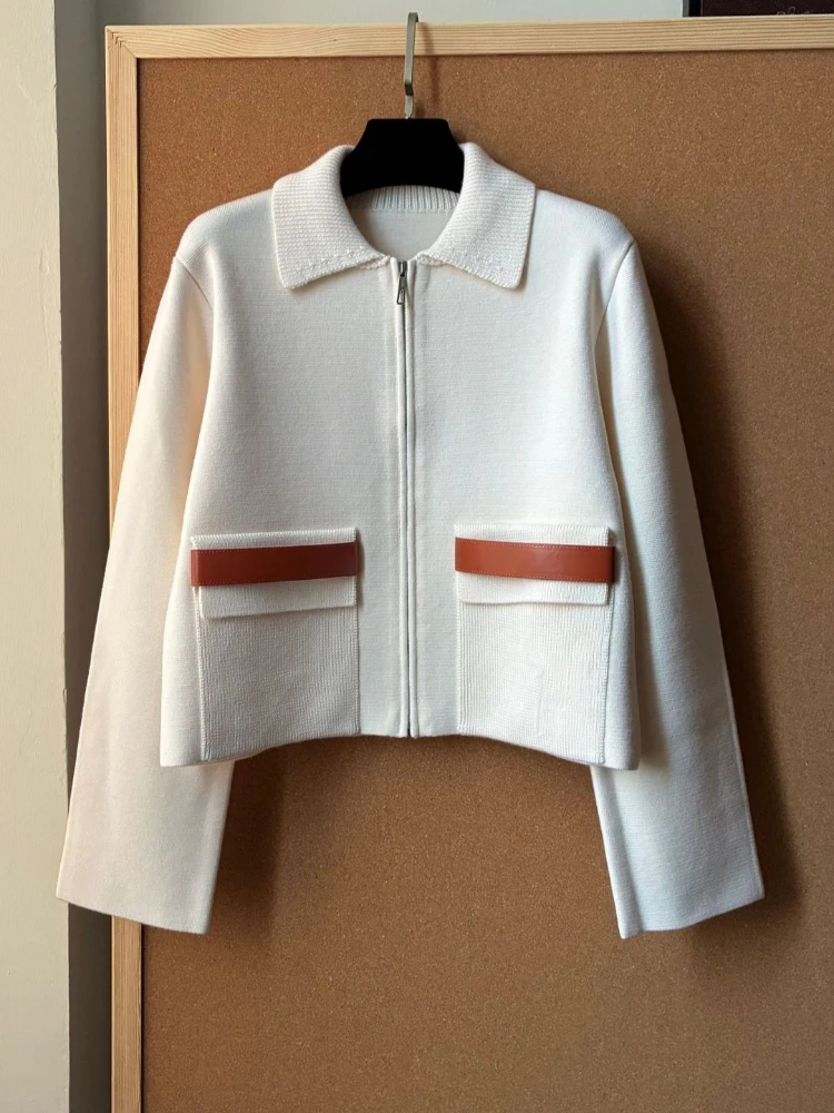 2026 Autumn and Winter New Wool Top Layer Leather Decoration Knitted Cardigan