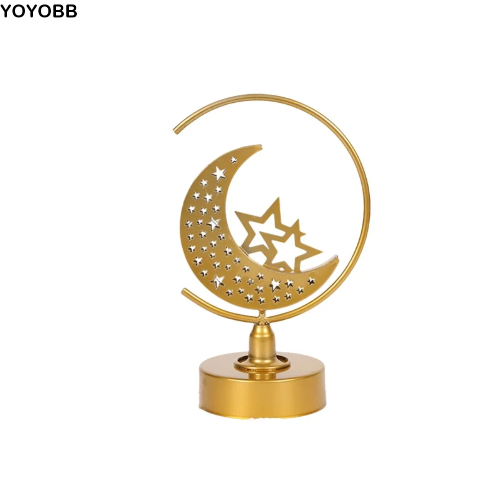 

Wrought Iron Eid Mubarak Crescent Lamp Gold Warm Light Ramadan Night Light Hollow Mooon LED Desk Lamp Muslim Festival