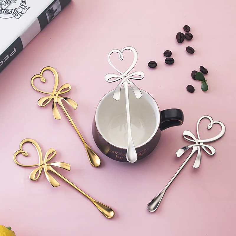 New 3D Bow Knot Heart Shaped Mini Coffee Spoon Tea Dessert Spoon Hanging Spoon Gold Silver Spoon Stainless Steel Flatware