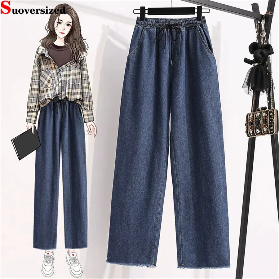 

Ripped Drawstring Wide Leg Jeans Women Casual Vaqueros Oversize Pantalones Baggy Elastic High Waist Denim Ankle-Length Pants