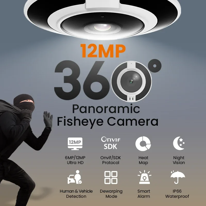 Ultra HD 12MP poe 360 degree panoramic view ip fisheye lens camera smart color IR night vision outdoor cctv fisheye poe camera