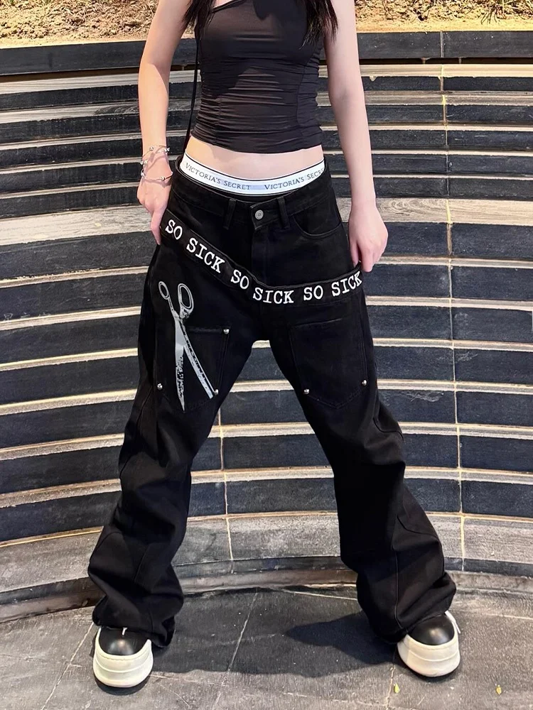 

Ретро-джинсы женские свободного кроя в американском стиле с эффектом потертости, с надписями, повседневные, с высокой талией, на пуговицах, джинсовые брюки