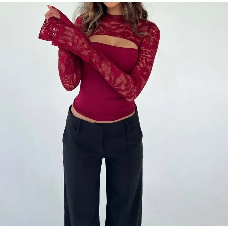 New Women's Lace T-shirt Versatile Top Women's Wear Sexy and Thin Hollow Design Advanced Sense Base