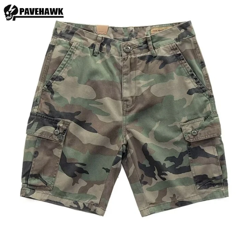 Calção de algodão de vários bolsos masculino, camuflagem, calça média tática, resistente ao desgaste, ao ar livre, caça, trimestre, verão