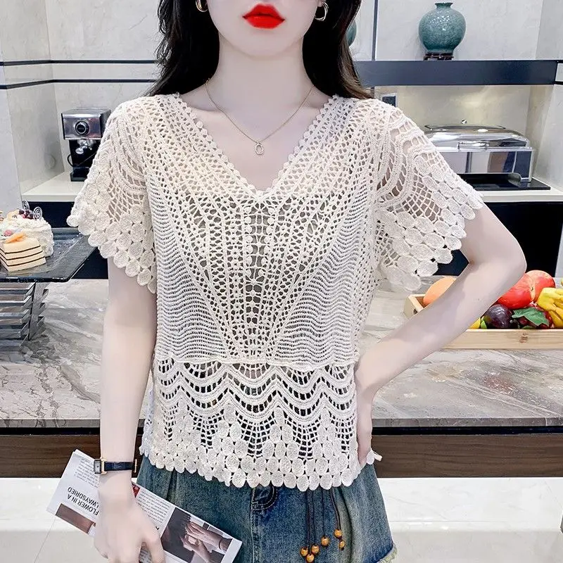 Women\'s Clothing Fashion Loose Hollow Out Y2k Blouse Summer Chic All-match Solid V-neck Pullovers Lady Short Sleeve Tops