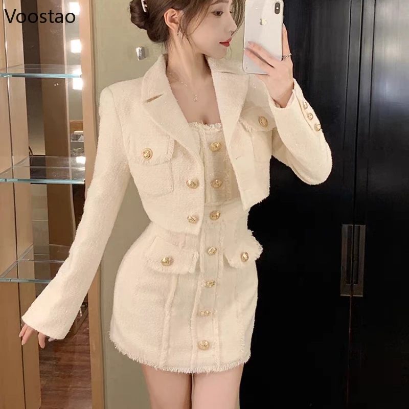 Elegant Vintage Dress Two Piece Set Women Casual Chic Short Jackets Mini Dress Suits Female Korean Fashion Tassel Party Outfits