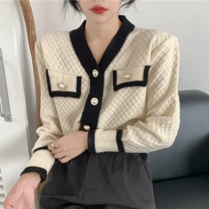 OCEANLOVE Short Cardigans Women V Neck Office Lady Vintage Korean Elegant Sweaters Contrast Color Autumn Winter Chaquetas