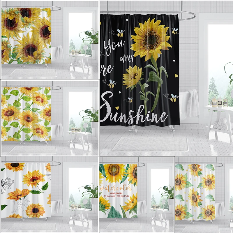 Nature Greenery Shower Curtain Sunflower Pattern Waterproof Bathroom Curtain