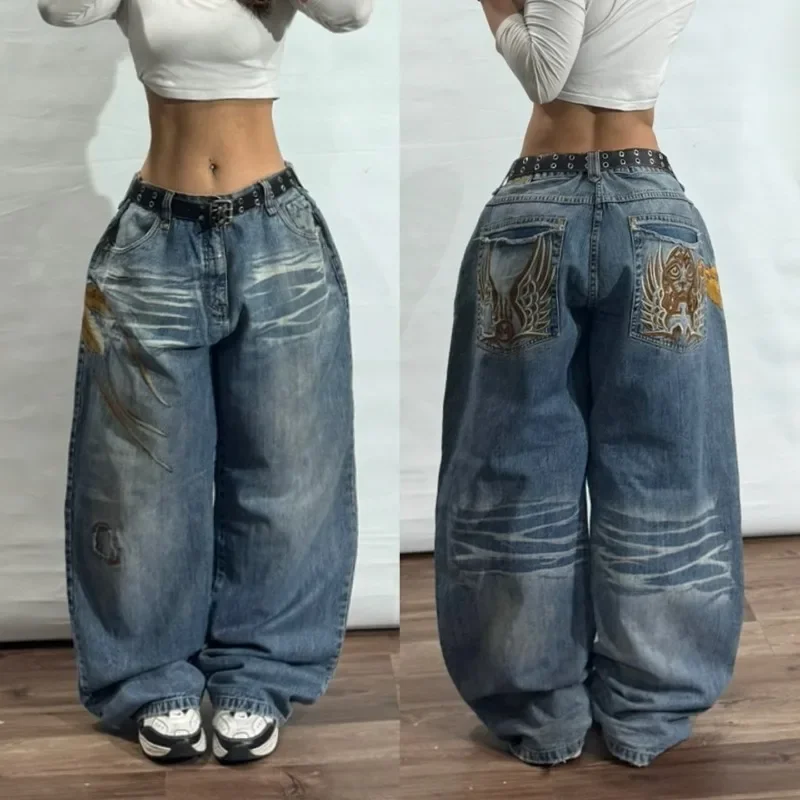 Calça casual retrô Harajuku oversize masculina e feminina, Y2K, cintura alta, perna larga, hip hop, punk, de rua, bordada, nova