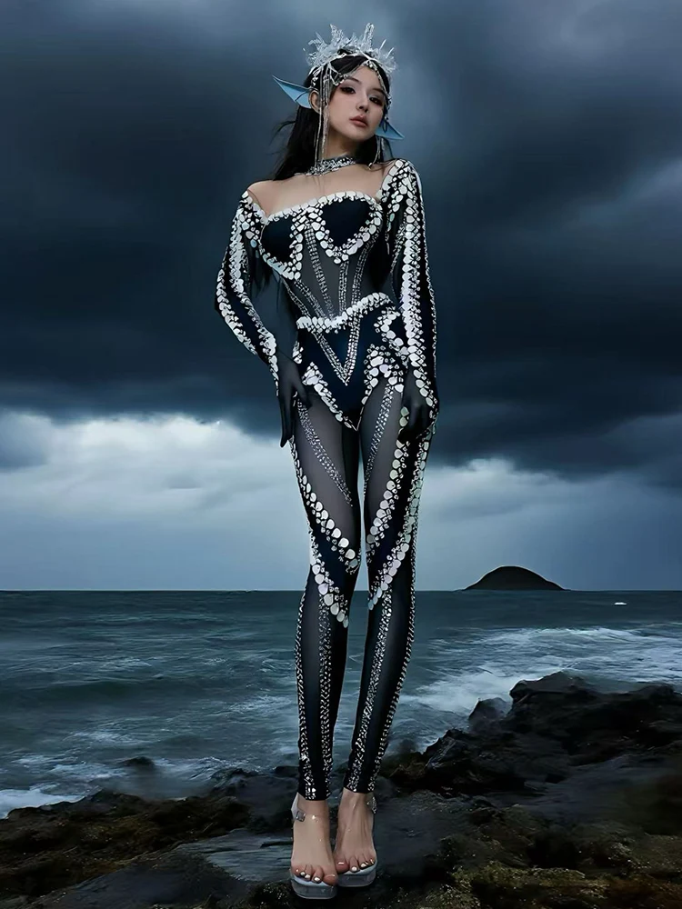 Glitter Sequin Long Sleeve Bodysuit Sexy Black Performance Clothes Singer Showgirl Stage Wear Gogo Nightclub Dance Costume 4308