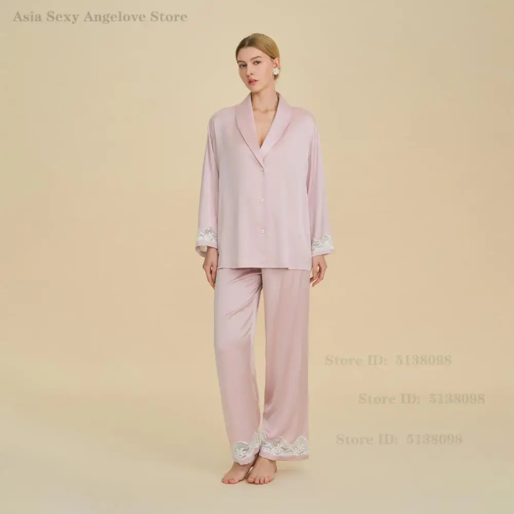 High-End 2PCS Pajamas Set Simple Solid Color Home Clothes Spring Summer Long Sleeves Top&trouser Pijama Mujer Elegant Sleepwear