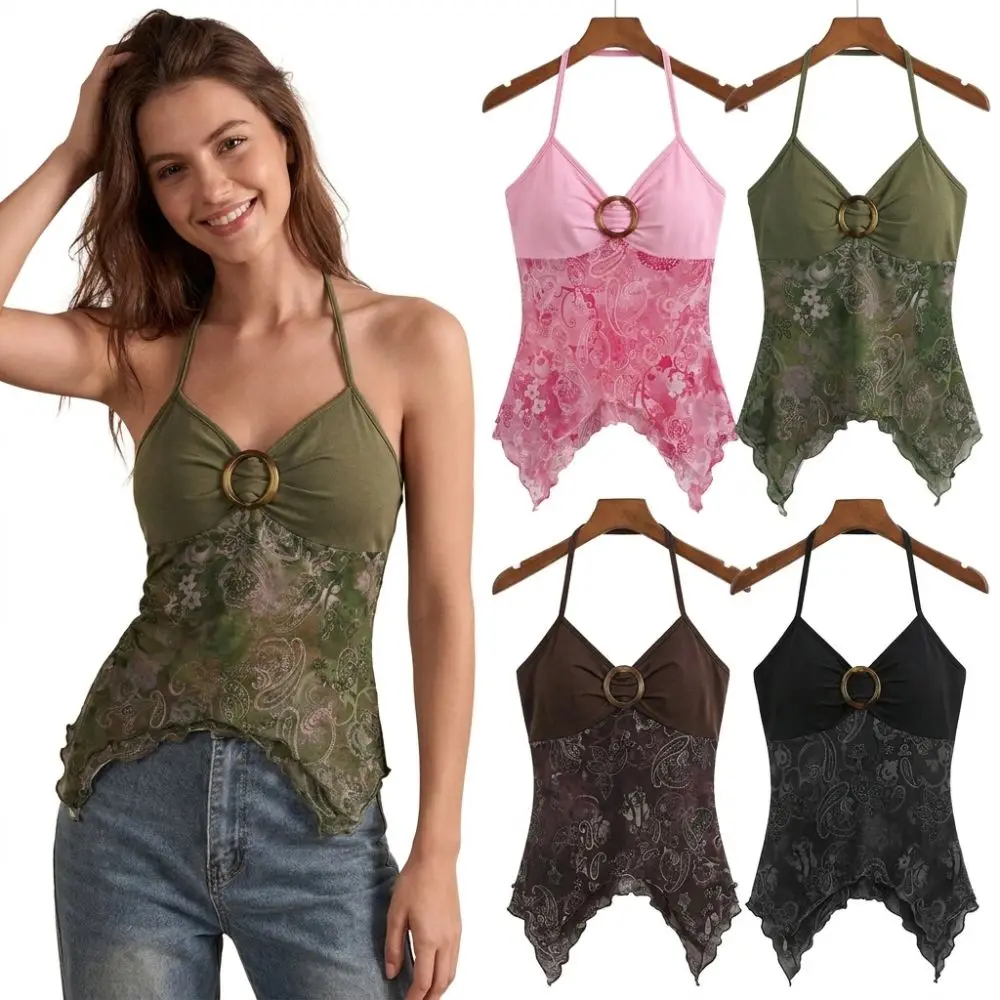 Printed Mesh Halter Cami Top Ruched Bust Asymmetrical Hem Off Shoulder Top Sheer Overlay Spaghetti Straps Crop Tops Night Out