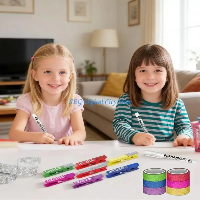 U75B 60Pcs Colorful Wooden Clips With Glittering Tape Rhinestones Sticker For Student