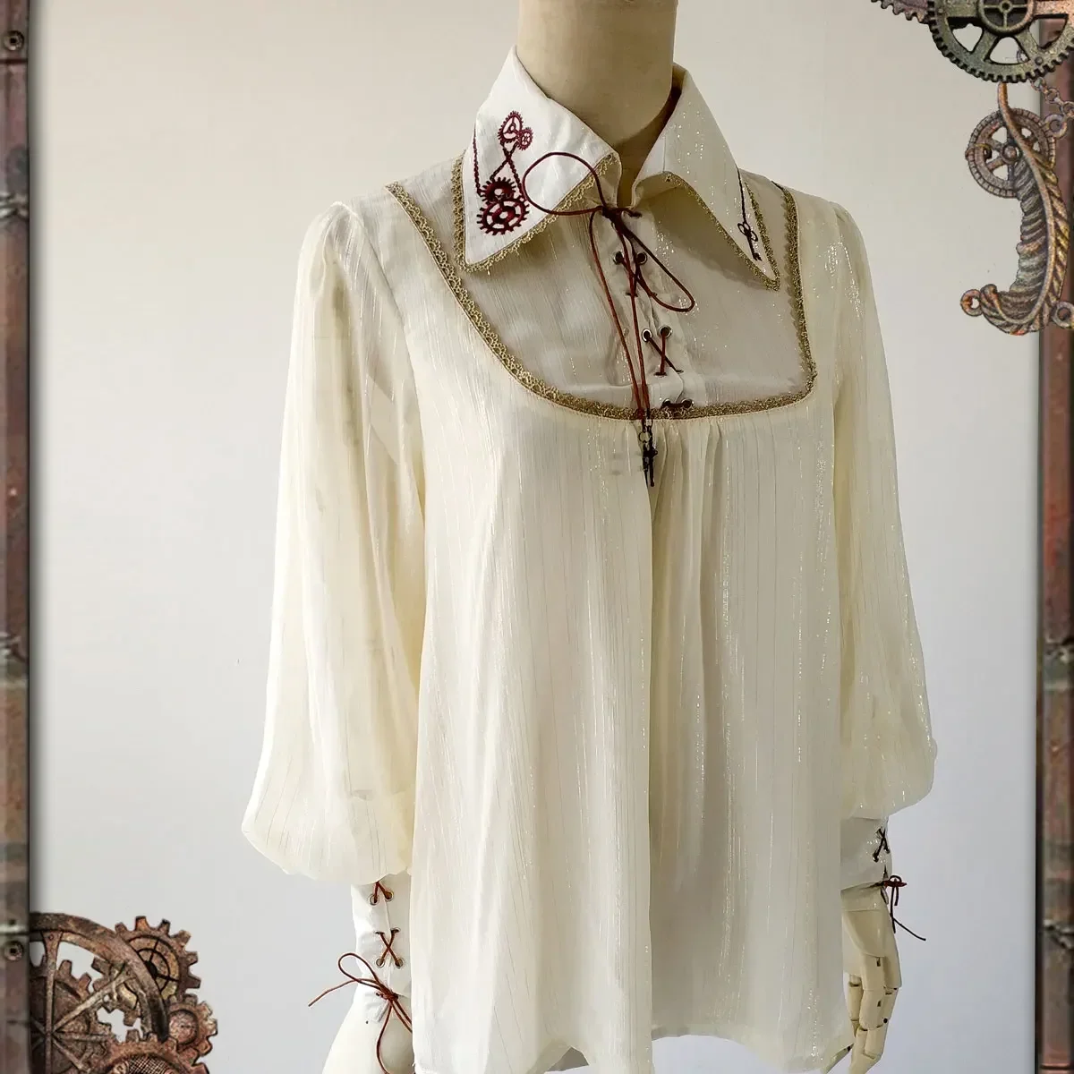 

Steampunk Style Women's Chiffon Blouse Mechanical Doll Series Gear Embroidered Shirt by Infanta