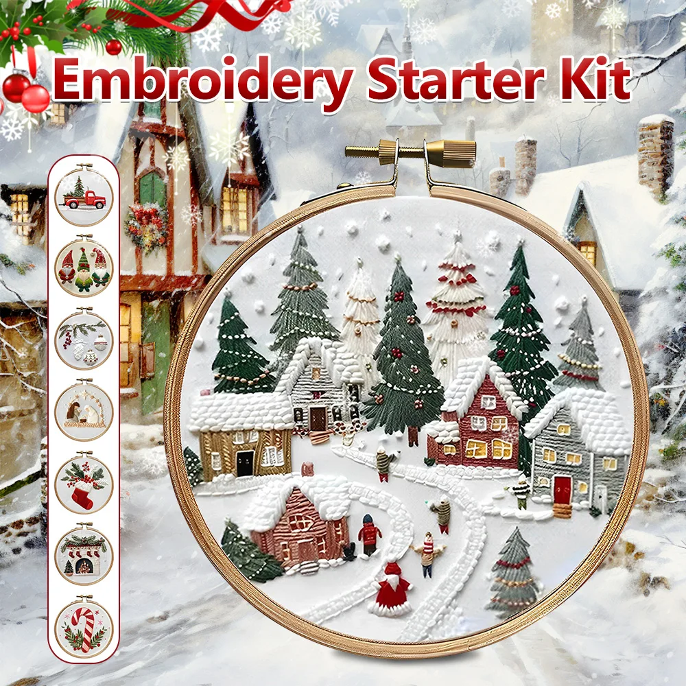 2pc Embroidery Christmas Kits for Beginners Embroidery Starter Kits with Christmas Tree Pattern Hand DIY Embroidery Stamped Kits