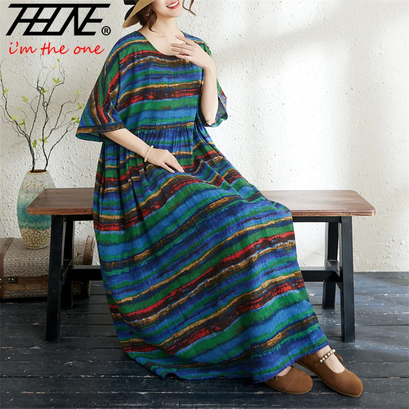 THHONE Robe Summer Dresses for Women Vestidos Loose Vintage Bohemian Striped O Neck Short Sleeve Cotton Linen Casual Clothes 4