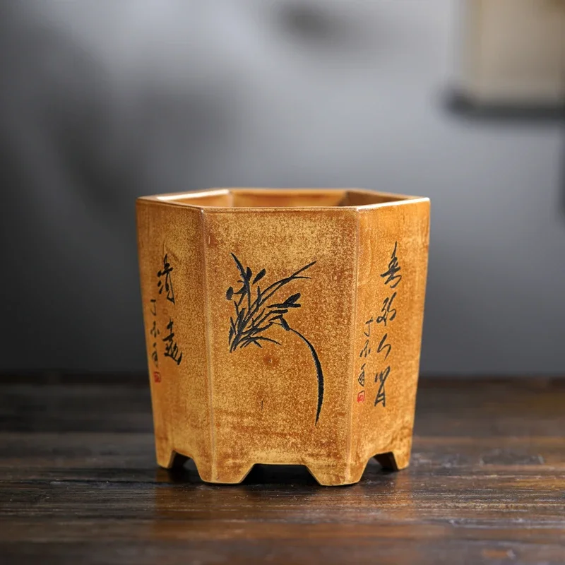 Ceramic Flower Hexagon Bonsai Pot Vase, Chinese Carved Pattern, Cubicles, Dormitory, Office, Desk, Table, Garden Decoration